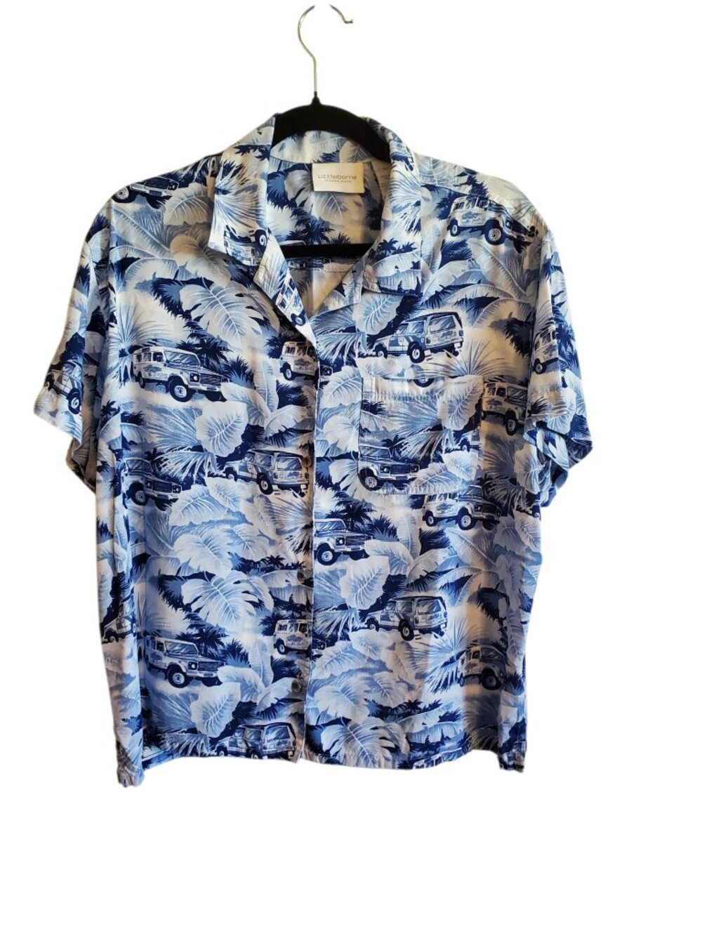 Liz Claiborne Blue White Jeep Tropical Short Sleeve Blouse XL